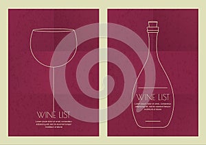 Set of abstract line illustration, wine glass and bottle on grunge paper background.