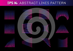 Set of abstract lines pattern elements blue and pink color on black background