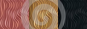 Set of abstract liquid dynamic black, pink gold and golden waves background. Fluid dark marble texture pattern design. Modern wavy