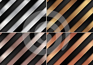 Set of abstract luxury black and silver, golden, pink gold, copper gradient color diagonal stripes pattern background texture