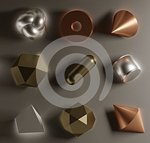 Set of abstract minimal 3d geometric shapes with different materials