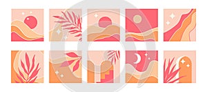 Set of abstract minimalistic square backgrounds in mid century style. Vector illustration with mountain landscape, natural shapes