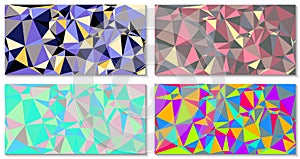 Set of Abstract Modern bright polygonal mosaic backgrounds in neon and holographic colors. Geometric texture background in low