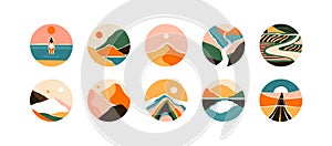 Set of abstract mountain landscape circle icon collection