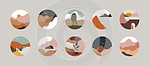 Set of abstract mountain landscape circle icon collection