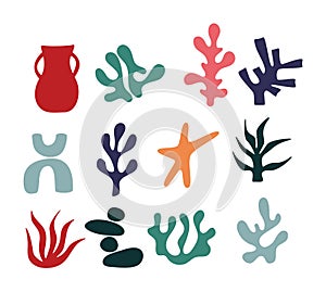 Set of abstract organic shapes inspired by matisse. Plants, cactus, leaf, algae, vase in paper cut