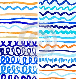 Set of abstract paint patterns with ink lines.