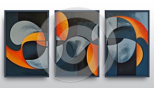 Set of abstract painting of blue and orange geometric shapes. Illustration