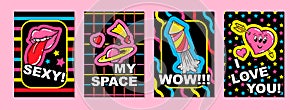 Set of abstract posters with cute comic vector illustations. Love and Valentines Day cartoon design photo