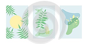 Set of blue abstract posters with simple shapes and floral elements, branches and leaves.