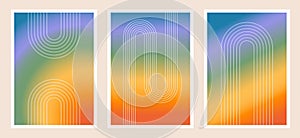 Set of abstract posters with thin linear outline rainbow. Contemporary minimalist background in trendy retro style