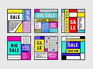 Set Abstract Retro Banners for Social Media Marketing or Print Design. Sale Offer for Discounter Shop, Shopping Posters photo