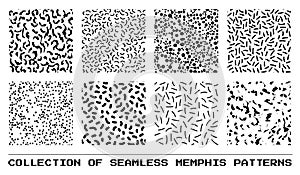 Set of abstract seamless memphis patterns with spots and lines in 80s style