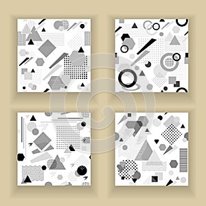 Set Abstract seamless pattern in postmodern Memphis Style black grey on white