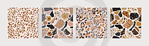 Set of abstract seamless patterns with cutout flower, turned edges geometric shapes, terrazzo flooring elements