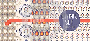 Set of abstract seamless patterns, drop and floral ethnic elements