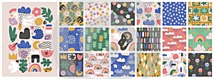 Set of abstract seamless patterns with hand drawn doodle objects and various organic shapes. Scandinavian minimalism style vector