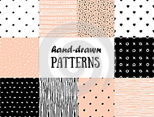 Set of abstract seamless patterns in pink, white and black