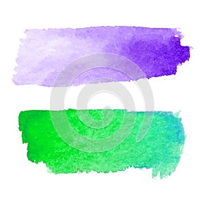 Set of abstract stains. Purple and green colors. Bright creative horizontal backdrop. Watercolor texture with brush strokes.Spots