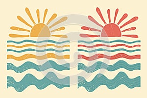 set of abstract summer landscape, sea, sun, waves. Paradise vacation in nature, the ocean in a minimalist retro style. hand drawn