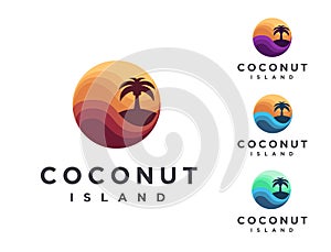 Set of abstract travel logo with coconut tree, island and sea wave icon vector