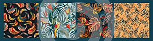 Set of abstract tropical seamless patterns. Parrots, bananas, tropical plants. Modern exotic design