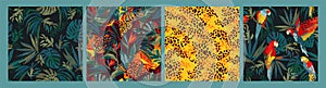 Set of abstract tropical seamless patterns. Parrots, tropical plants, animal print. Modern exotic design