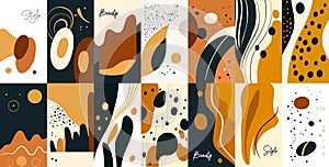 Set of abstract vertical minimal backgrounds in golden colors. Vector organic shapes templates for social media stories