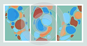 A set of abstract vertical paintings. 3 pieces. Oil painting. The minimalism of the round spots. Art in shades of blue