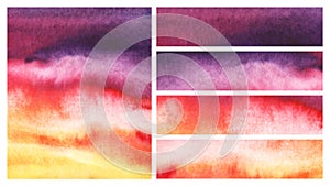 Set of abstract watercolor background. Liquid ink on texture paper. Rainbow gradient from yellow to red to purple