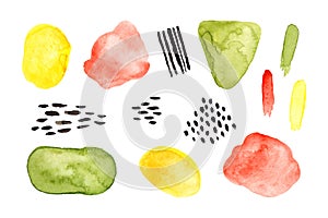 Set of abstract watercolor spots and brush strokes. Bright illustration isolated on white. Hand painted scribble