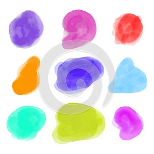A set of abstract watercolor stains in various colors, scalable vector graphic; paint brush strokes in purple and orange, green,