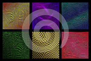 Set of abstract wavy twisted distorted line dots squares grid binary code gradient colored textures