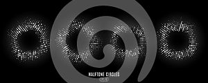 Set of abstract white glittering halftone circles. Glowing dots circles for a disco. Round frames on a black background for