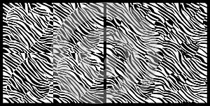 Set of abstract wild seamless patterns with zebra skin stripes hearts in white and black.