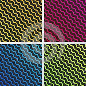 Set of abstract yellow, blue, pink and green diagonal wave lines pattern with shadow on black background and texture