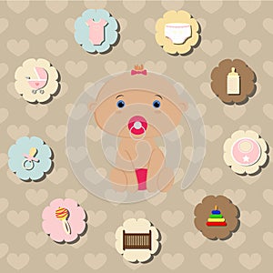 Set of accessories for the care of newborn baby girl