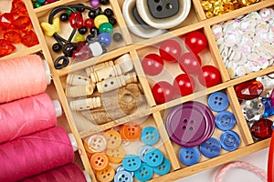 Set of accessories and jewelry to embroidery, haberdashery, sewing accessories top view, seamstress workplace, many object for nee