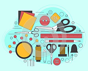 Set of accessories for sewing and handmade paper card with dressmaking accessories. Line art. Vector