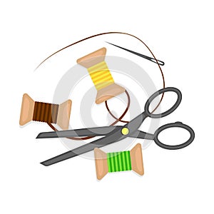 set of accessories for sewing and needlework: scissors, spools of thread and a needle. isolated on white background