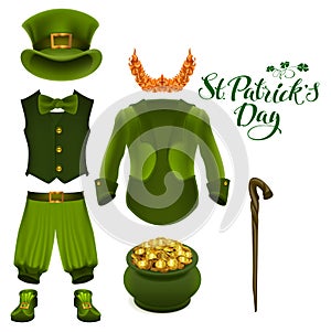 Set of accessories for St. Patricks Day. Green suit, hat, pot of gold, red beard, boots, pants, clover