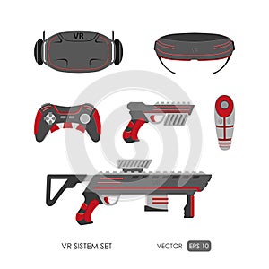 Set of accessories for virtual reality system on a white background . VR collection.