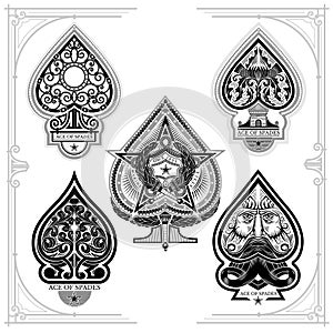 Set of ace of spades with forging curl pattern, facewith beard, star with torch. Prints isolated