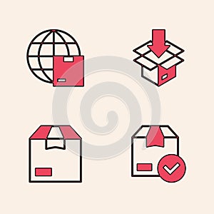 Set ackage box with check mark, Worldwide shipping, Carton cardboard and icon. Vector