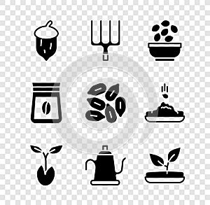 Set Acorn, oak nut, seed, Garden pitchfork, Seeds in bowl, Sprout, Watering can, Bag of coffee beans and icon. Vector