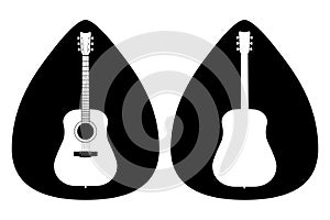 A set of acoustic classic guitars of black on white background. String musical instruments