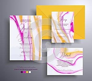 Set of acrylic wedding invitations with stone pattern. Agate vector cards with marble effect and swirling paints, yellow