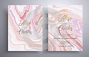 Set of acrylic wedding invitations with stone pattern. Mineral vector cards with marble effect and swirling paints
