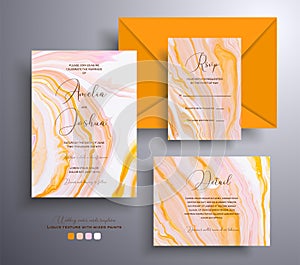 Set of acrylic wedding invitations with stone texture. Agate vector cards with marble effect and swirling paints, orange