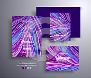 Set of acrylic wedding invitations with stone texture. Agate vector cards with marble effect and swirling paints, purple